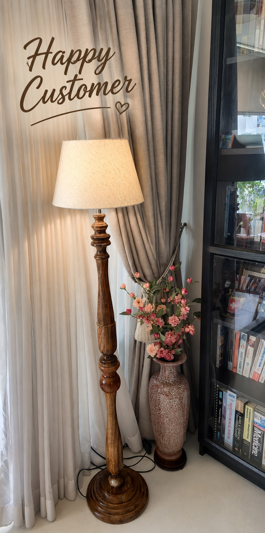 Wooden Floor Lamp with Linen Shade – Handcrafted Mango Wood