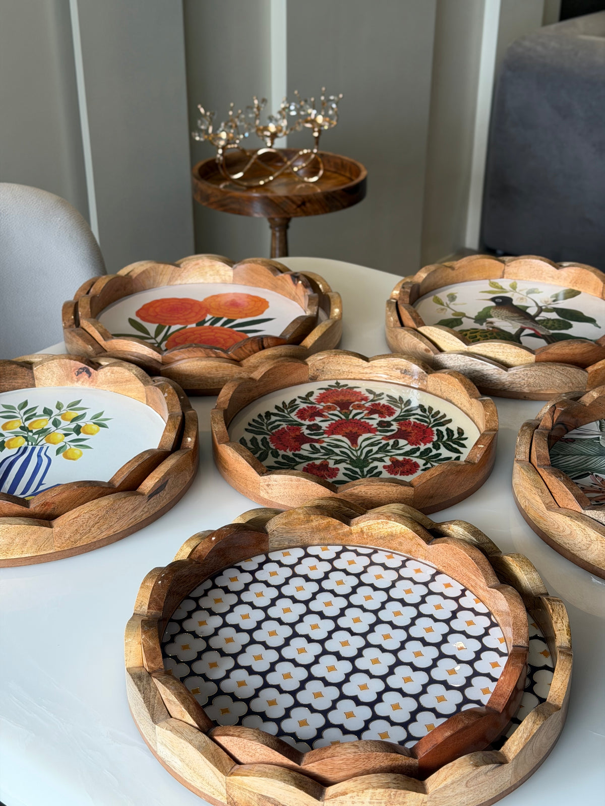Wooden Scallop Tray Set of 2 - Rose grid