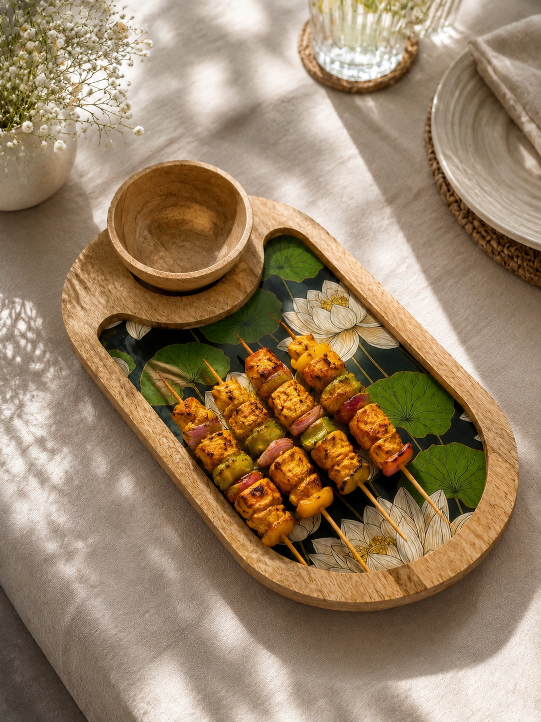 White Lotus Wooden Serving Platter with bowl