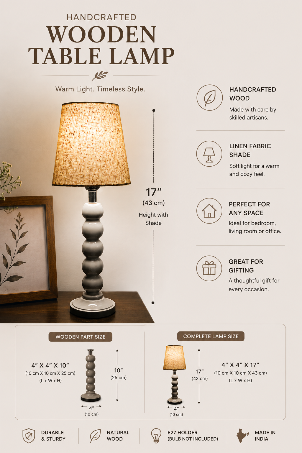 Modern Wooden Bedside Table Lamp with Linen Fabric Shade