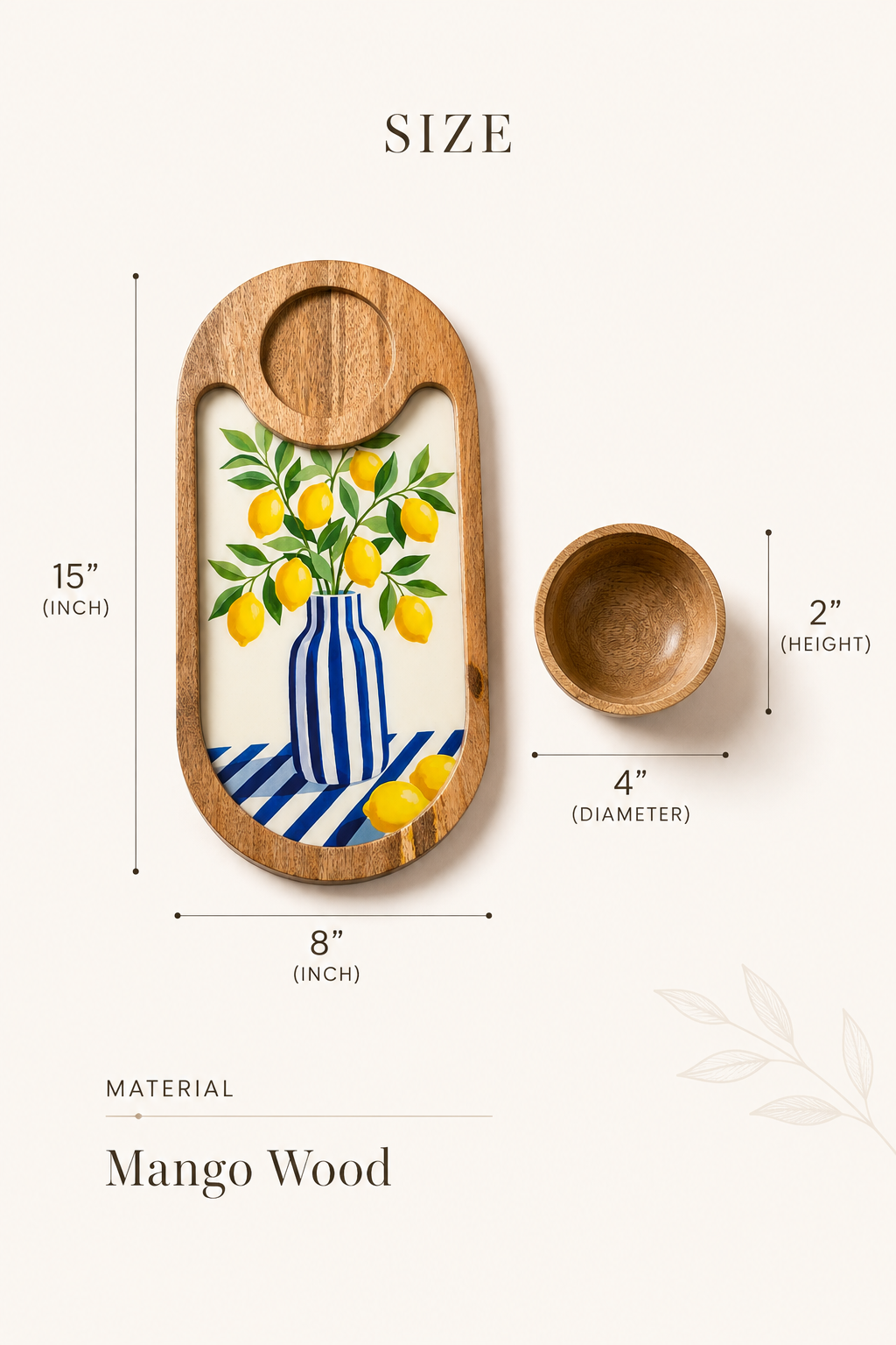 Lemon & Blue Wooden Serving Platter with bowl