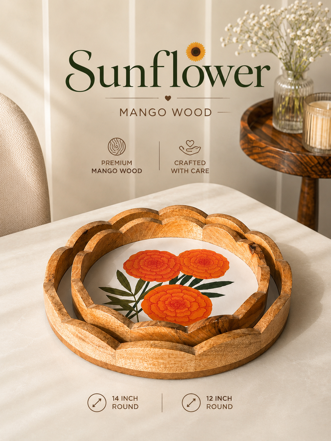 Wooden Scallop Tray Set of 2 - Sunflower