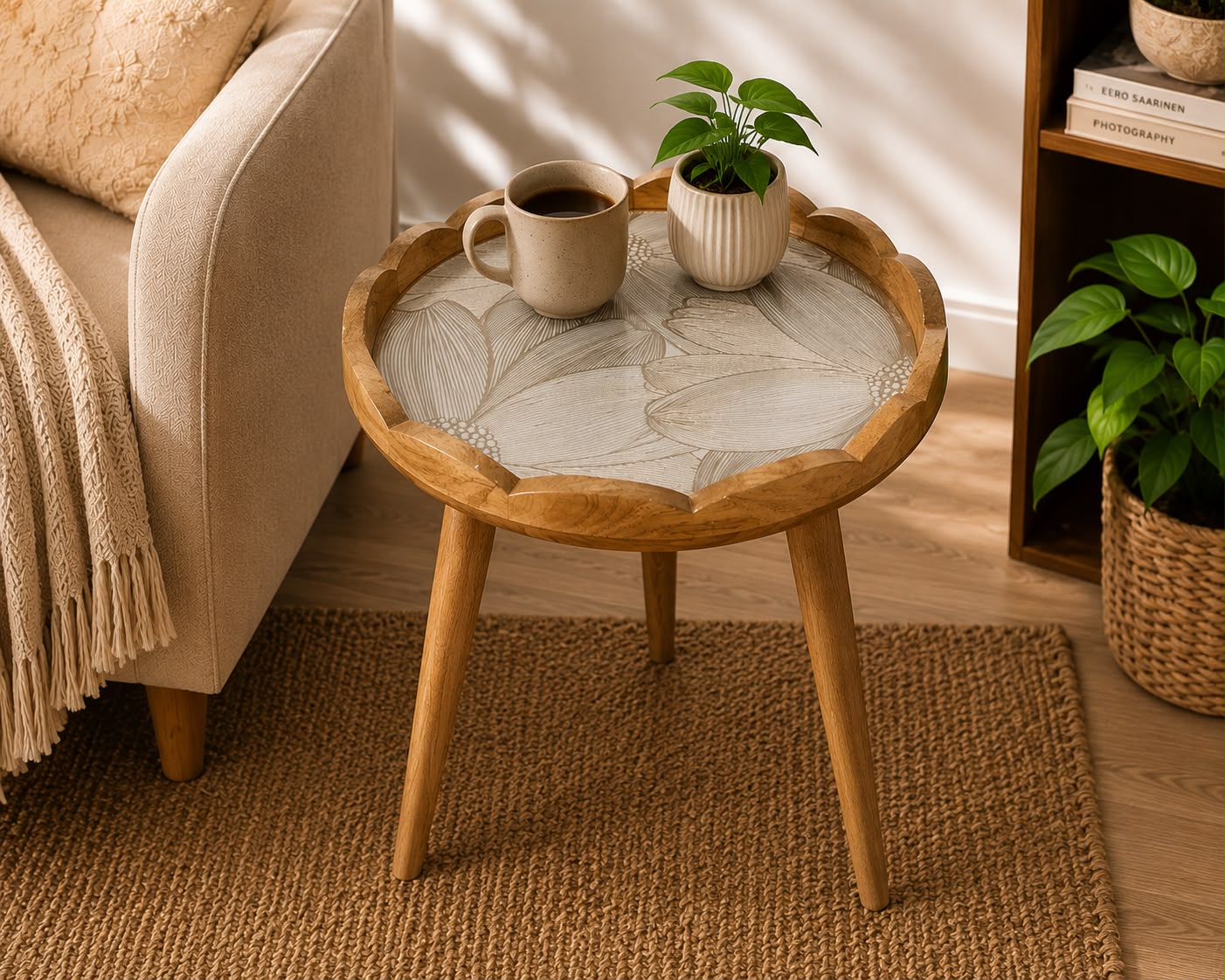 A round wooden end table with a scalloped edge and a light beige leaf-patterned glass top, styled in a cozy living room next to a beige armchair with a throw blanket.