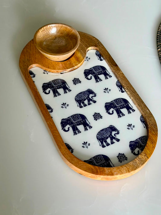Royal Elephant Wooden Serving Platter with bowl
