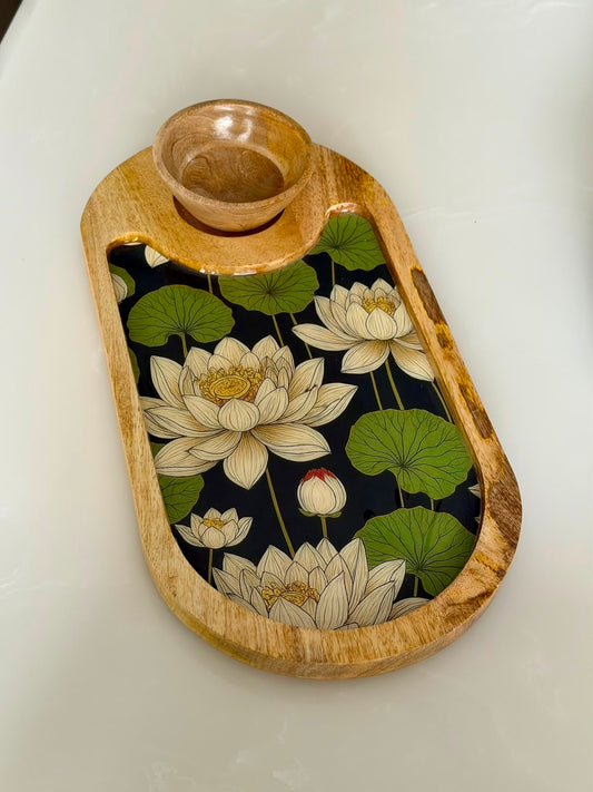 White Lotus Wooden Serving Platter with bowl