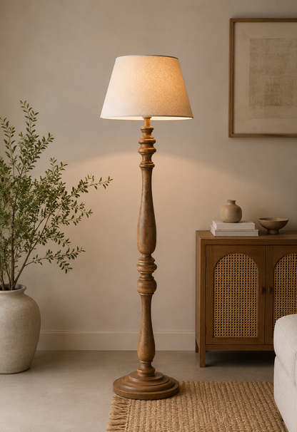 Wooden Floor Lamp with Linen Shade – Handcrafted Mango Wood