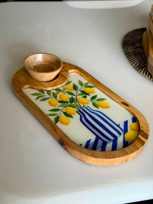 Lemon & Blue Wooden Serving Platter with bowl