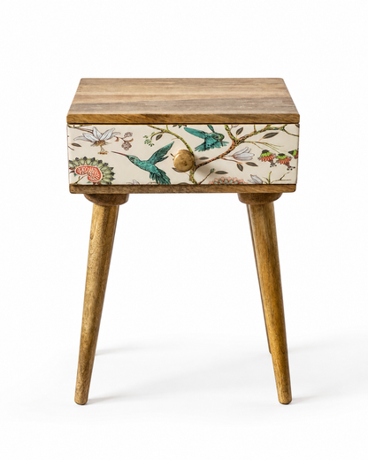 Botanical Bloom Mango Wood Bedside Table with Drawer