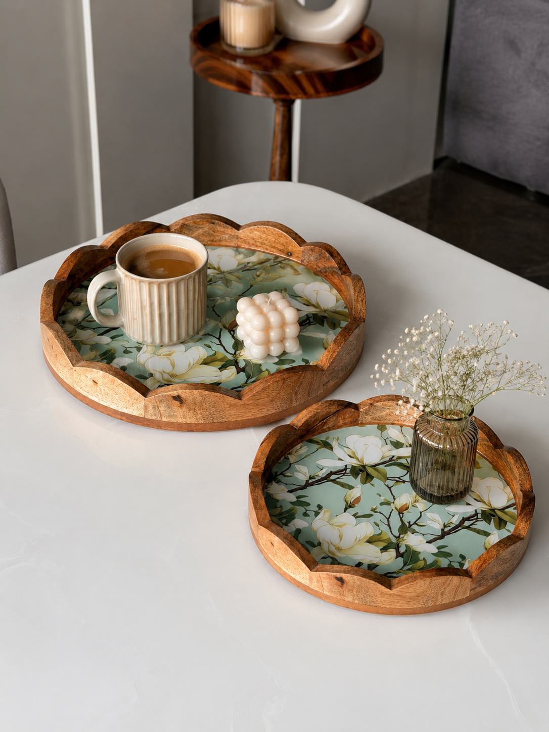 Wooden Scallop Tray Set of 2 - Green Magnolia