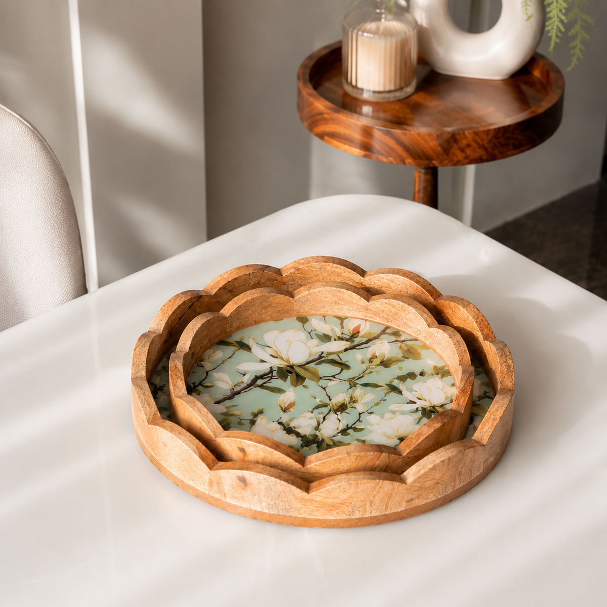 Wooden Scallop Tray Set of 2 - Green Magnolia