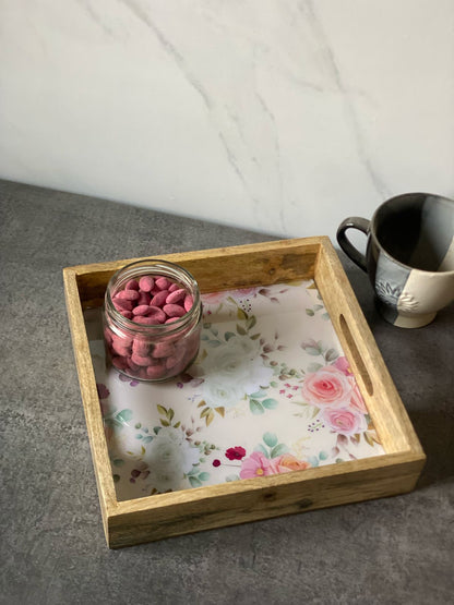 Vintage Rose Charm Wooden Square Tray