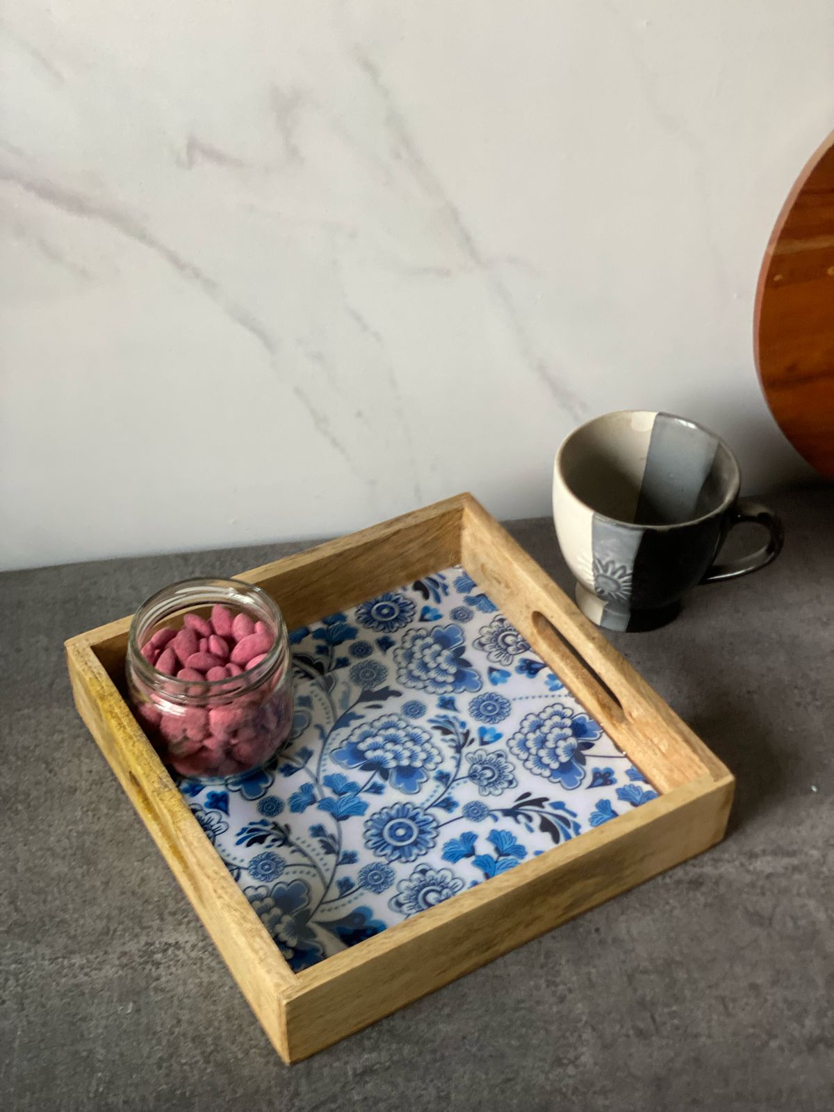Blue Blossom Wooden Square Tray