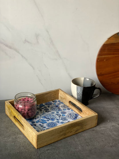 Blue Blossom Wooden Square Tray
