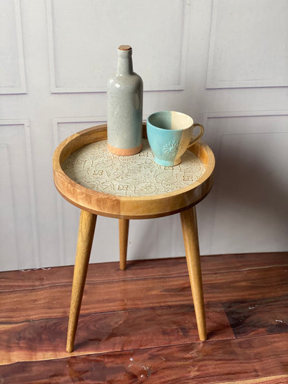 Metal Embossed Round Table Ivory Gold