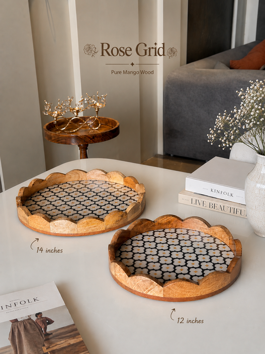 Wooden Scallop Tray Set of 2 - Rose grid