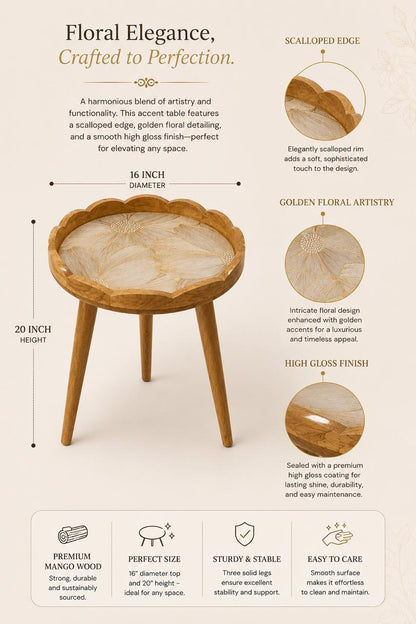 An informational product graphic for a round wooden accent table. The table is shown in the center with dimension labels indicating 16-inch diameter and 20-inch height.