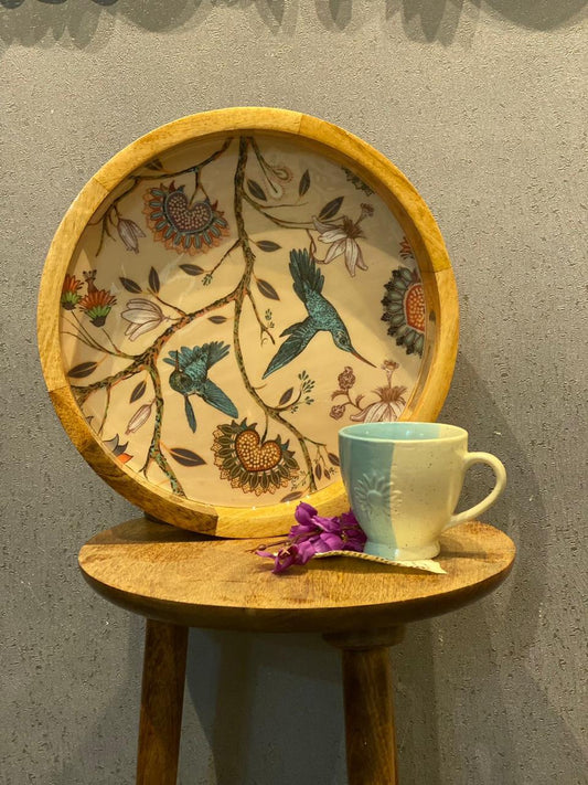 Hummingbird Round Wooden Tray