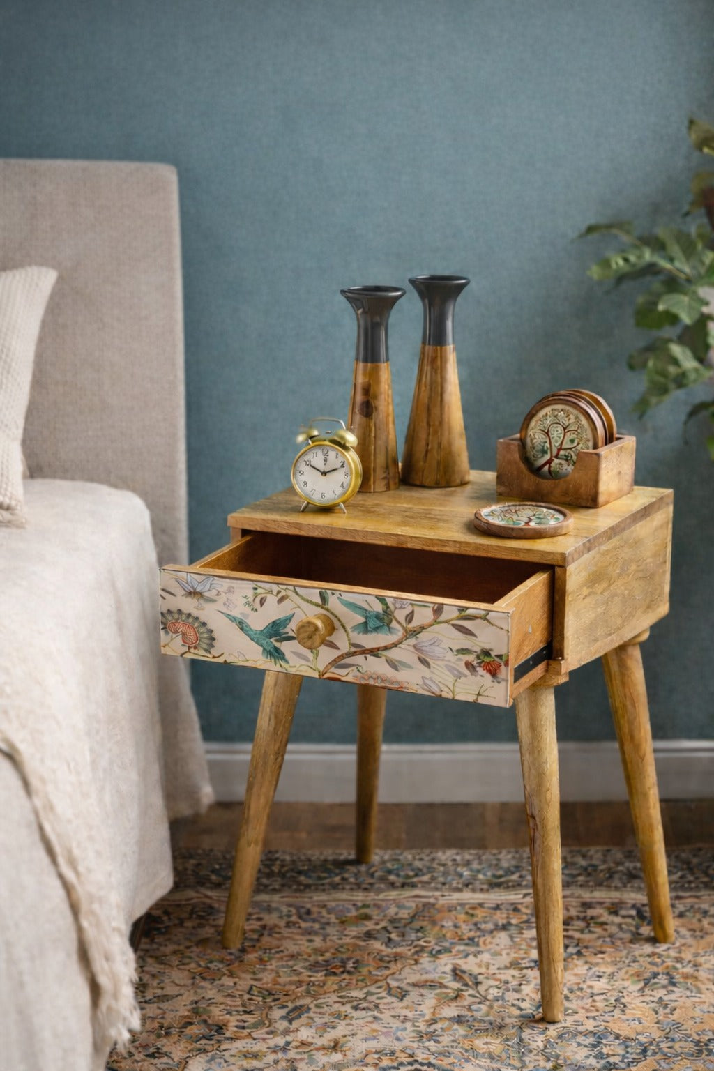 Botanical Bloom Mango Wood Bedside Table with Drawer