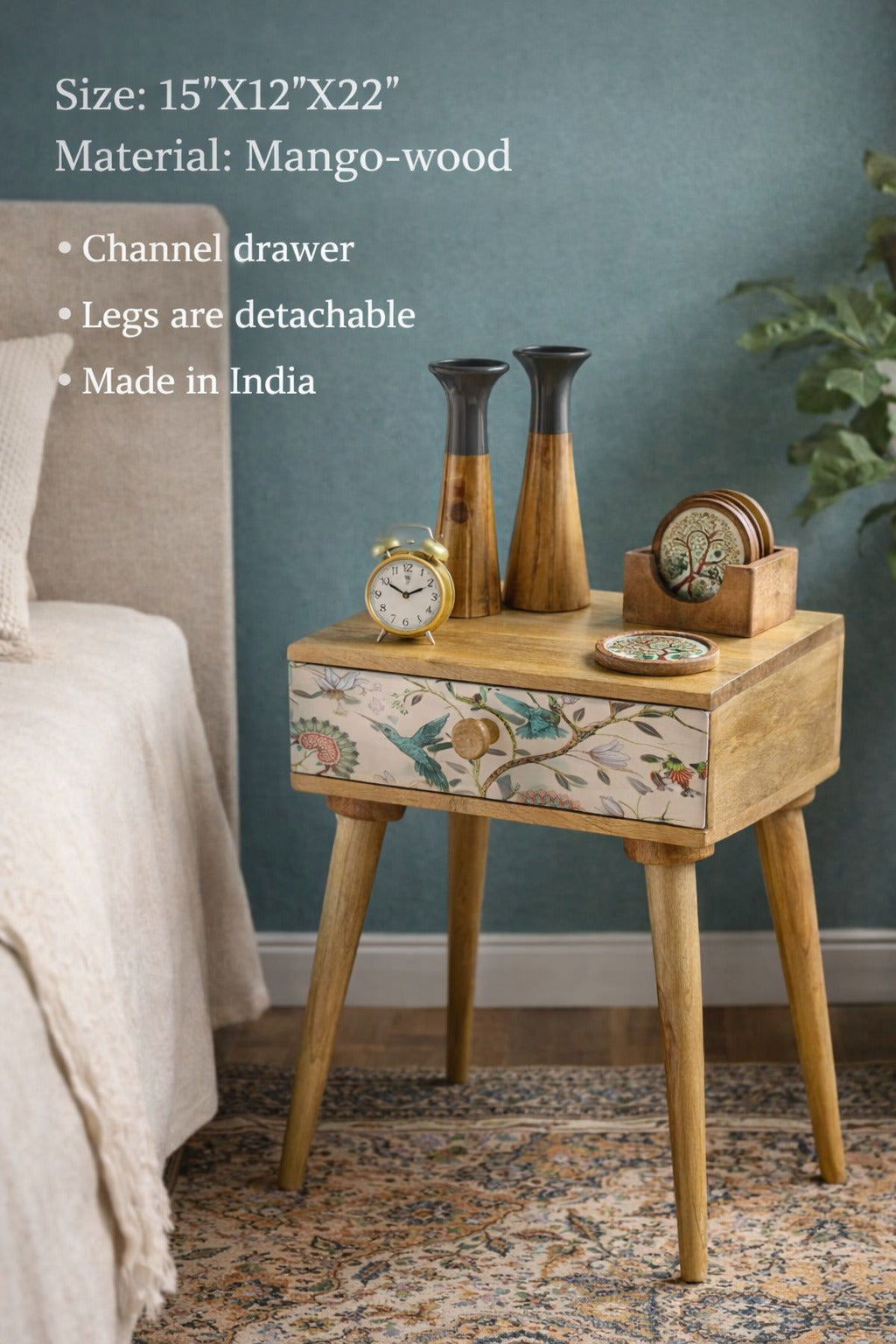 Botanical Bloom Mango Wood Bedside Table with Drawer