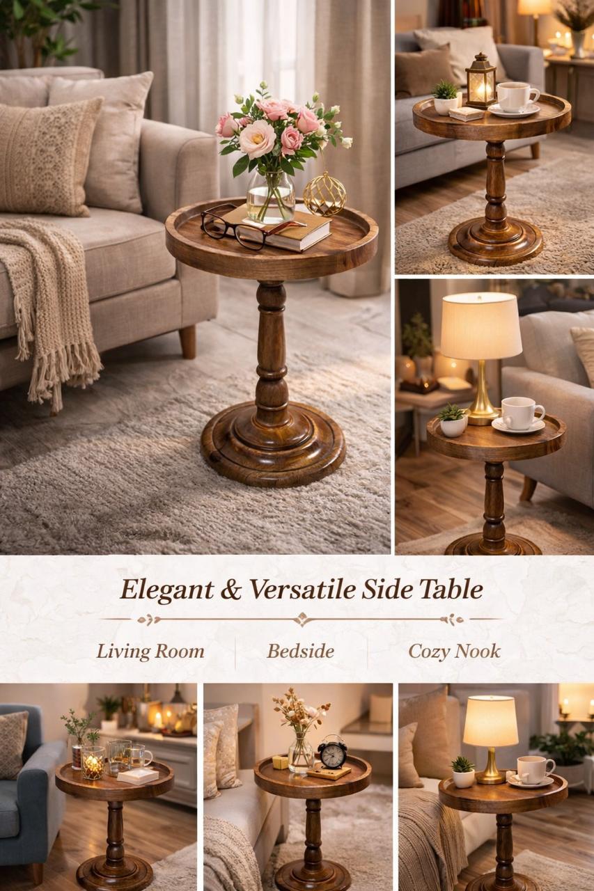 Solid Wood Pedestal Side Table