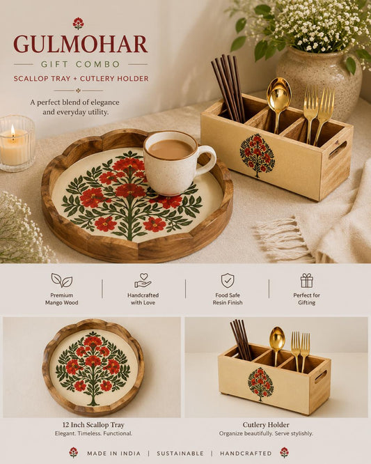 Gulmohar Gift Combo - Scallop Tray & Cutlery Holder