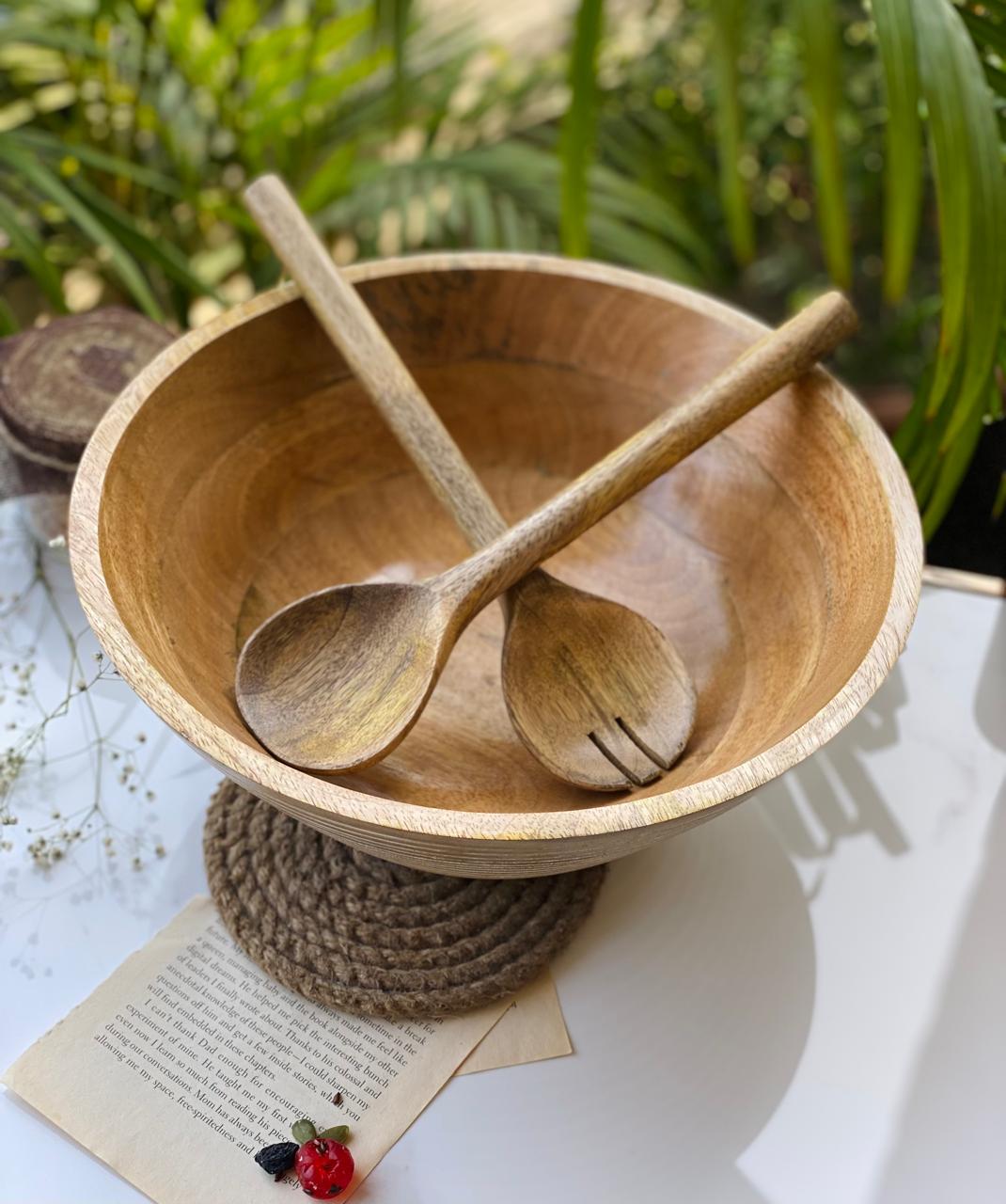 Handcrafted Mango Wood Salad Bowl with Serving Spoons