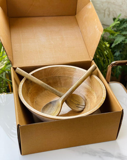 Handcrafted Mango Wood Salad Bowl with Serving Spoons