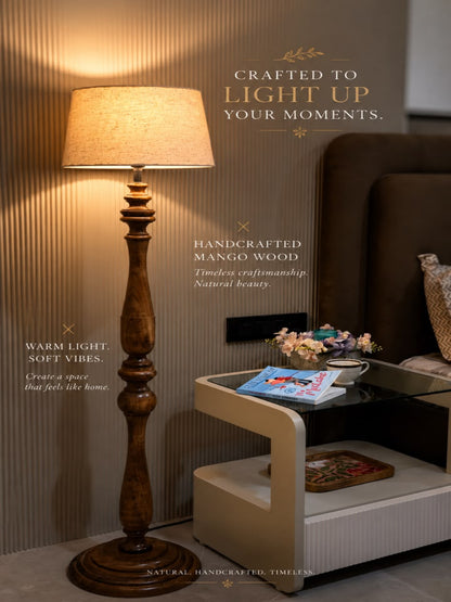 Wooden Floor Lamp with Linen Shade – Handcrafted Mango Wood