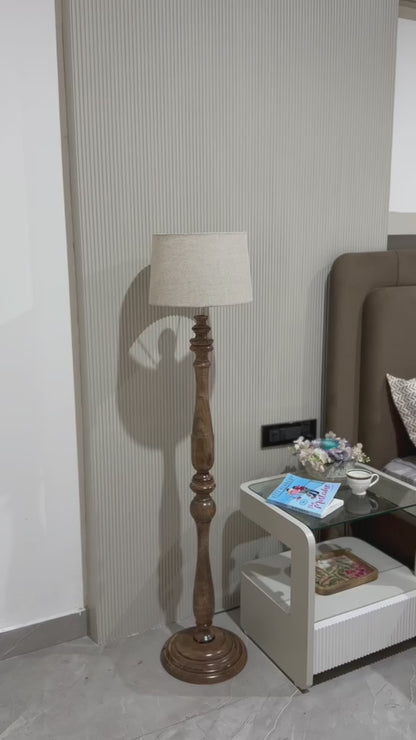 Wooden Floor Lamp with Linen Shade – Handcrafted Mango Wood
